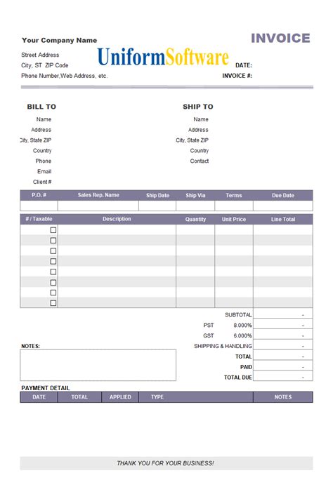 down payment invoice example